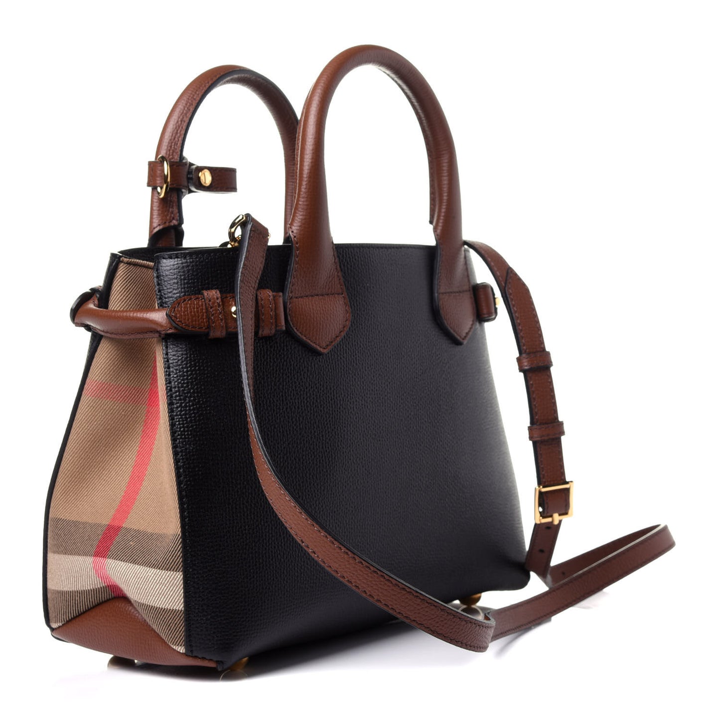 Derby Calfskin House Check Small Bi-Color Banner Tote Black Tan