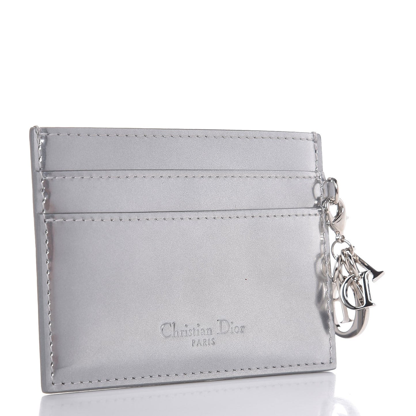 Metallic Patent Micro-Cannage Lady Dior Card Holder Silver