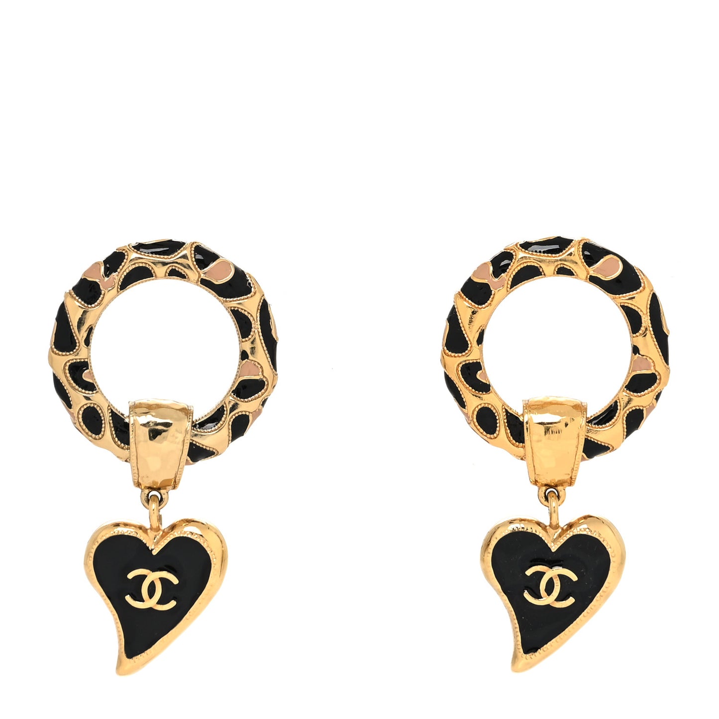 Resin CC Heart Drop Earrings Gold Black Beige