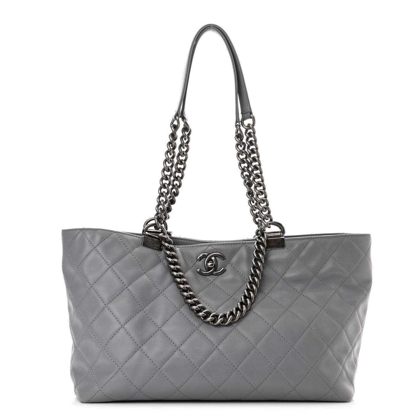 Calfskin Quilted Small Shopping In Chains Tote Grey