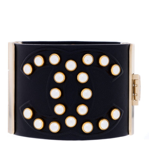 Lambskin Calfskin Pearl CC Cuff Bracelet Black Gold