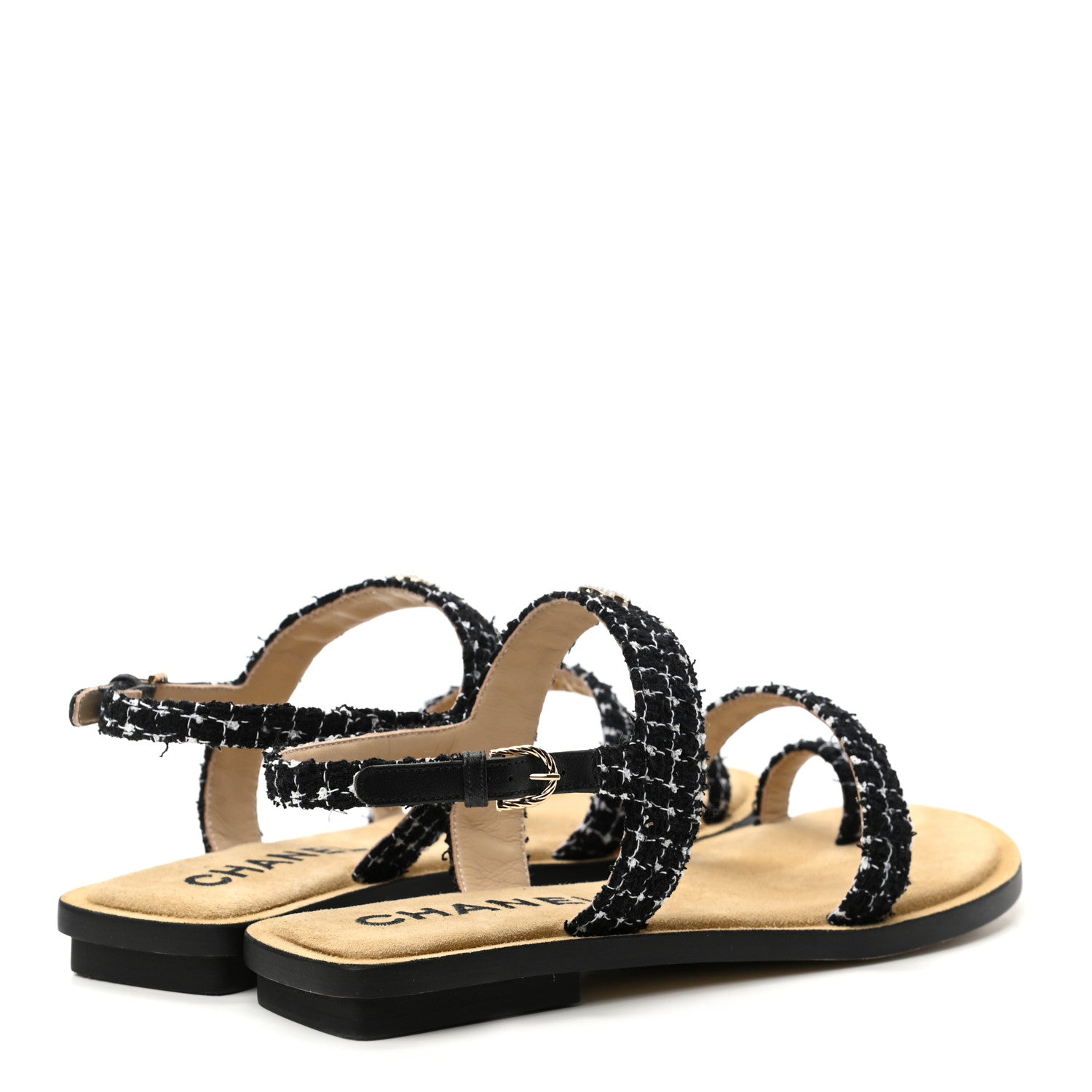 Chanel Tweed CC Sandals 38 Black White 4 of 11