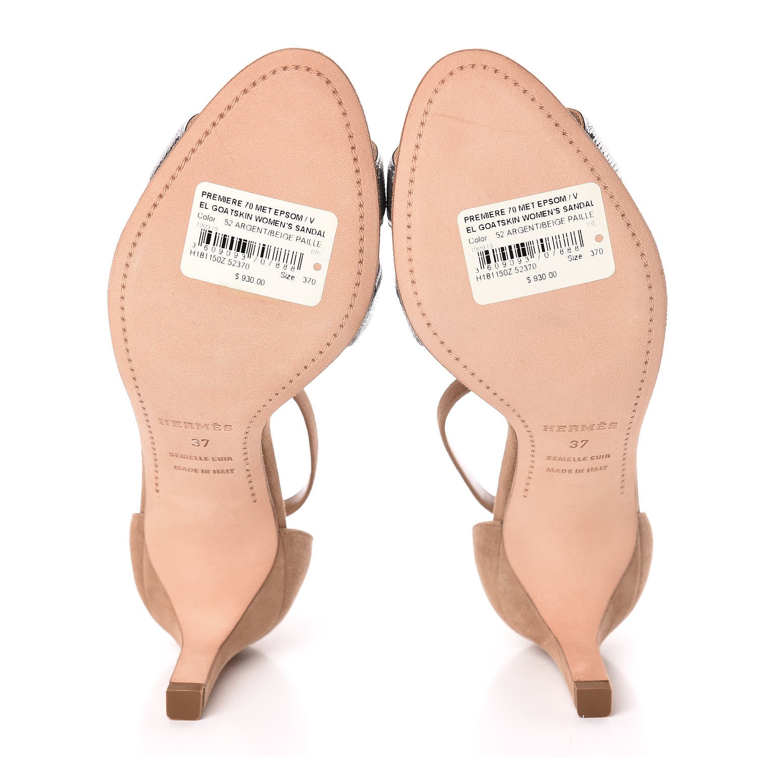 Hermes Metallic Epsom Velvet Goatskin Premiere 70 Sandals 37 Argent Beige Paille 5 of 8