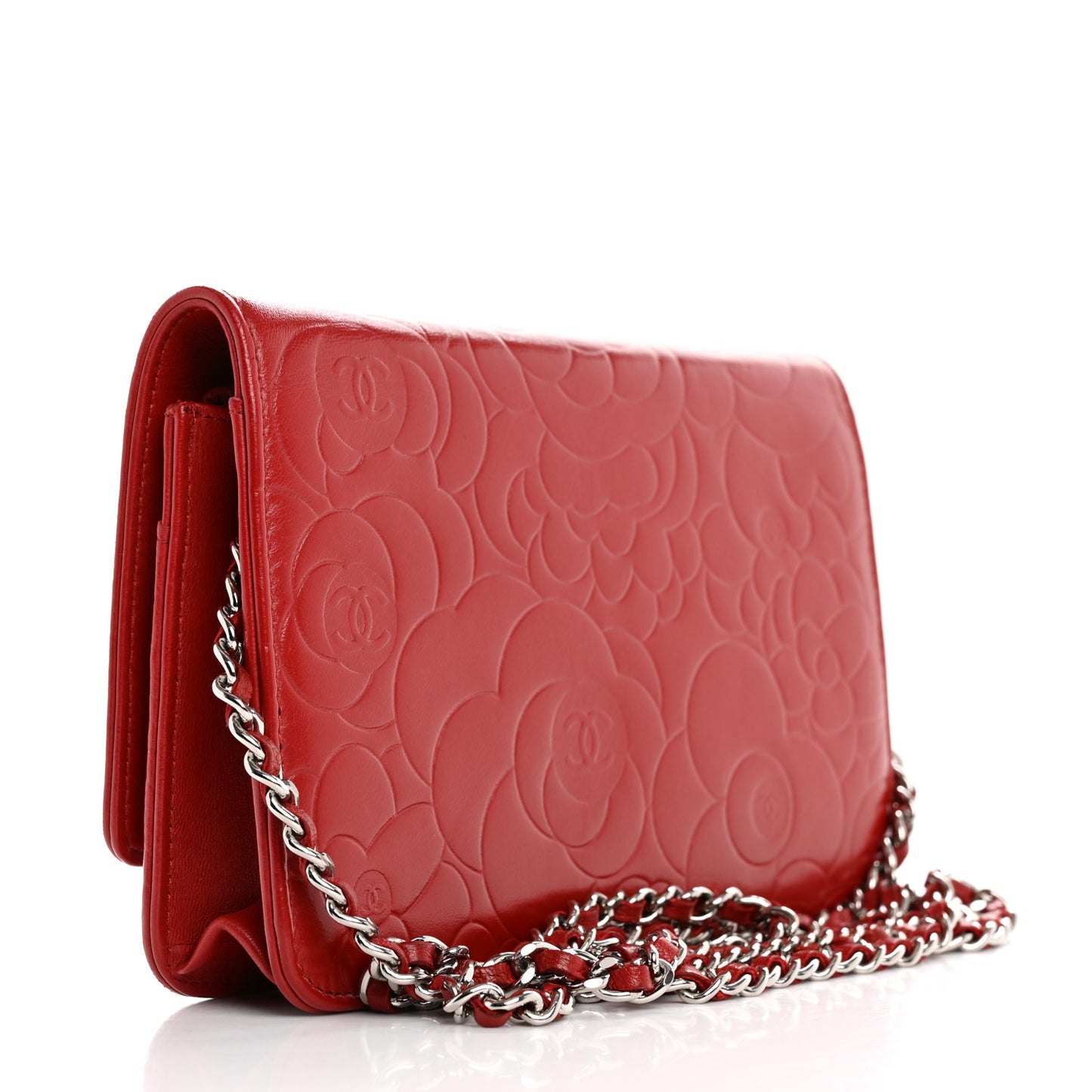 Lambskin Camellia Embossed Wallet on Chain WOC Red