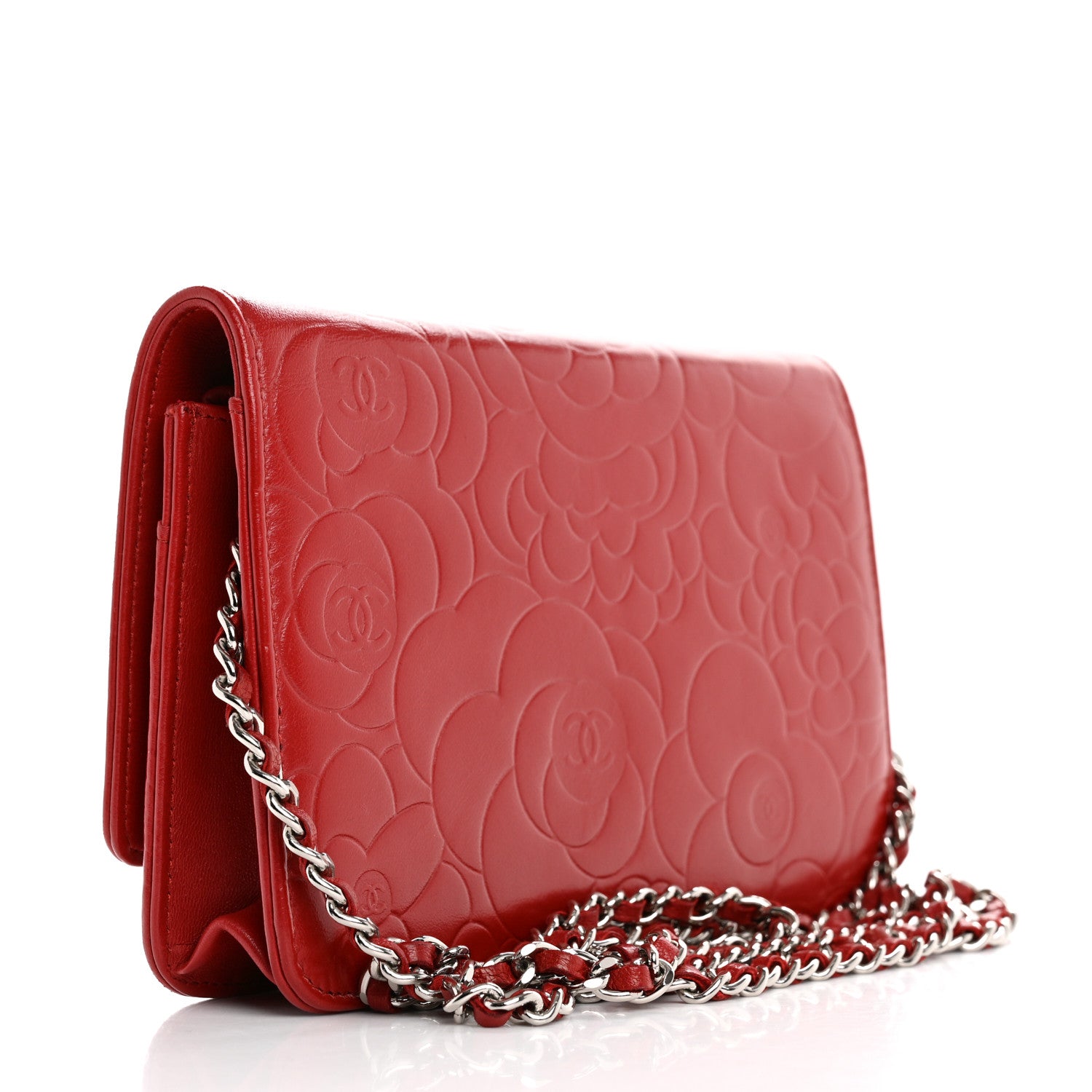 Chanel Lambskin Camellia Embossed Wallet on Chain WOC Red 3 of 14
