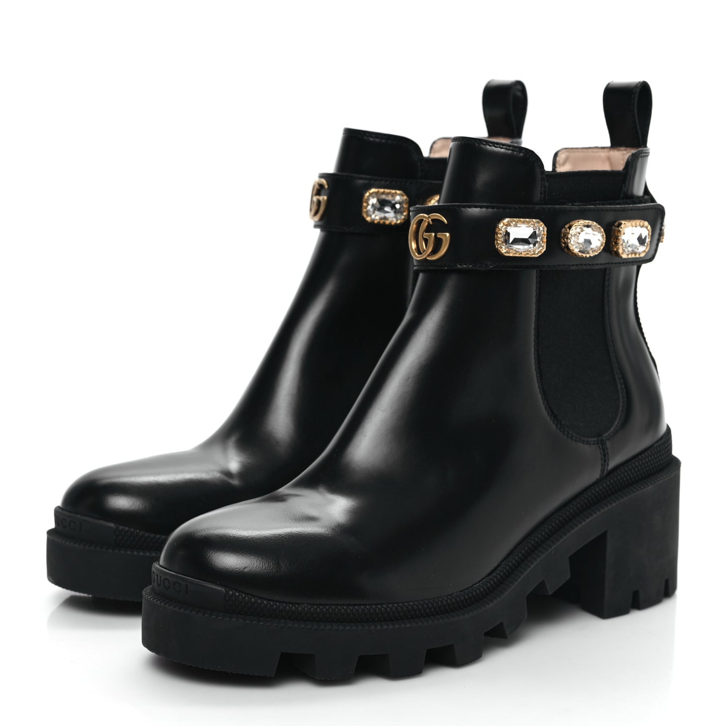 Calfskin Crystal GG Trip Chelsea Ankle Boots 38.5 Black