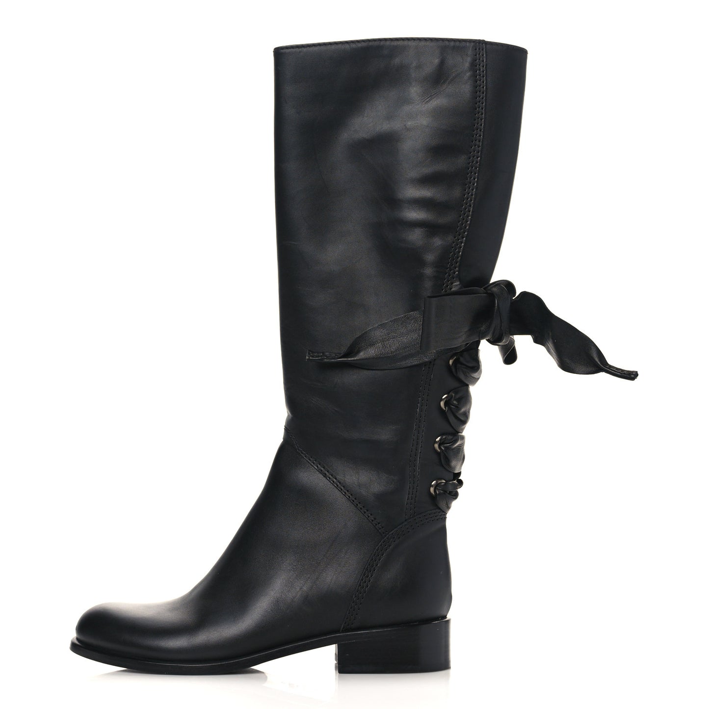 Calfskin Bow Lace Up Back Knee High Tall Boots 35 Black