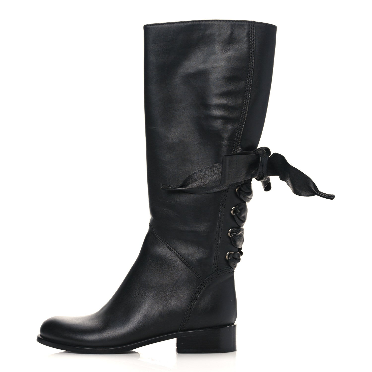 Valentino Garavani Calfskin Bow Lace Up Back Knee High Tall Boots 35 Black 1 of 8