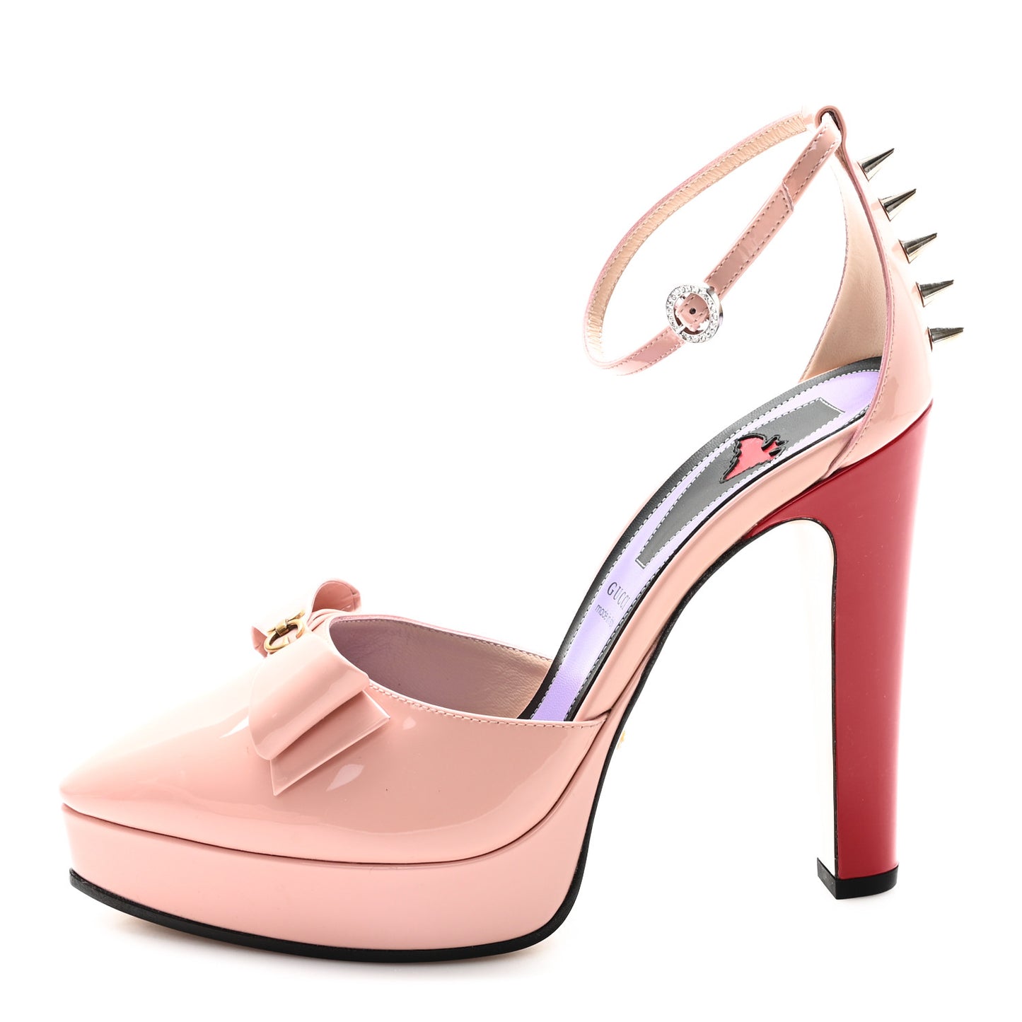 Patent Crystal GG Bow Sadie Spike Ankle Strap d'Orsay Platform High Heel Pumps 38.5 Perfect Pink