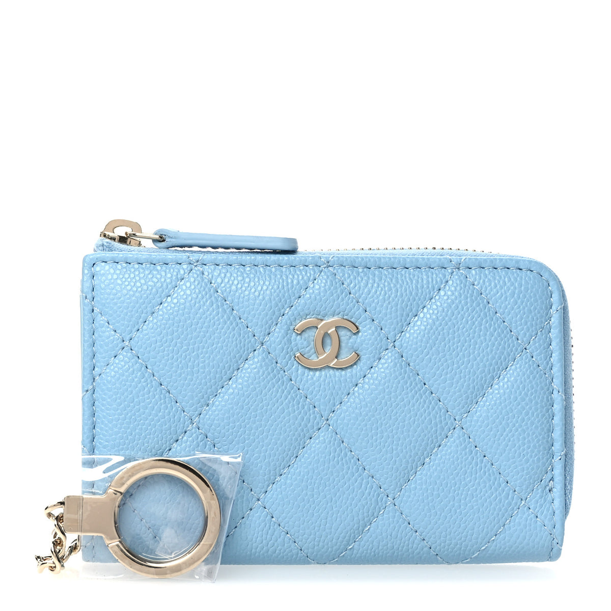 Caviar Quilted Zipped Key Holder Case Light Blue