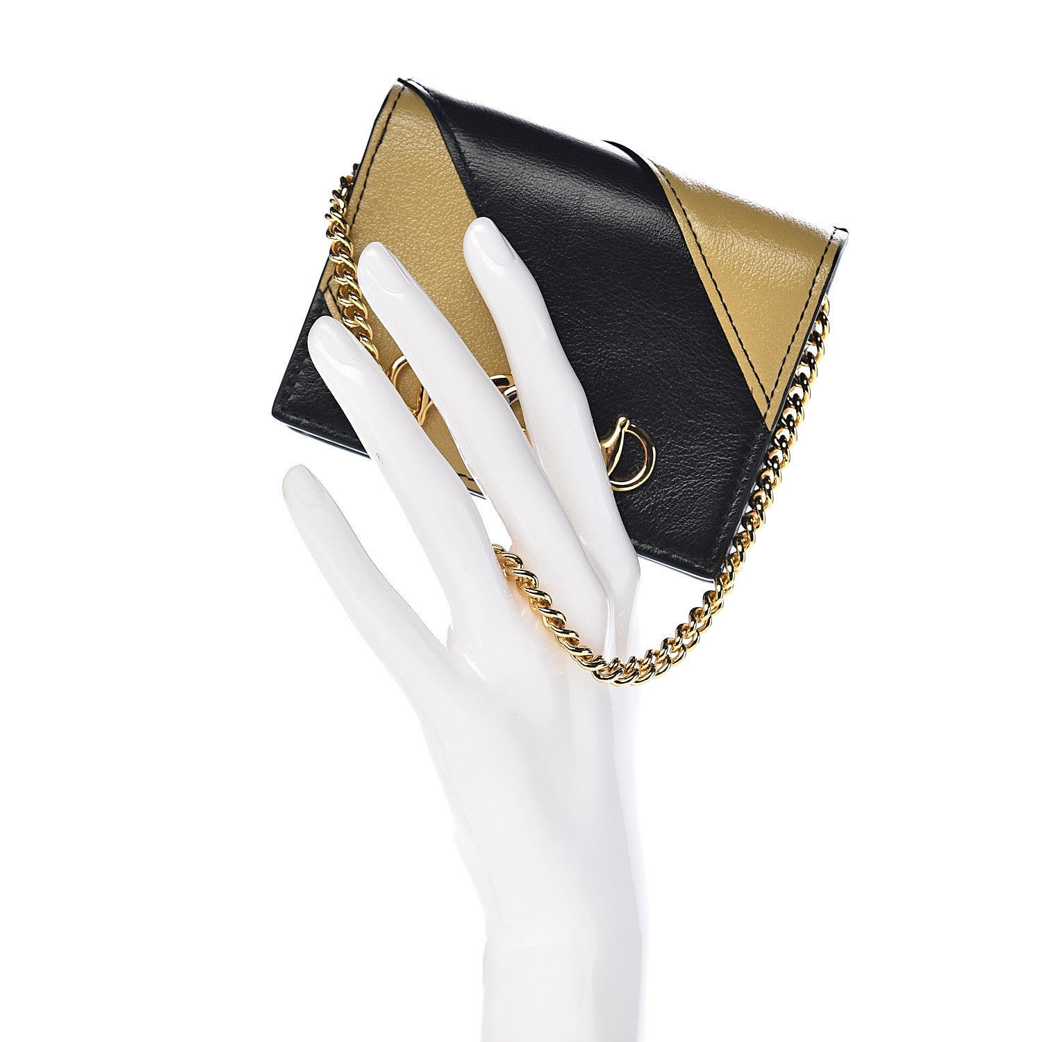Gucci Calfskin Diagonal Striped Zumi Chain Card Case Wallet Black Beige 2 of 7