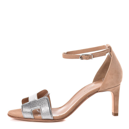 Hermes Metallic Epsom Velvet Goatskin Premiere 70 Sandals 37 Argent Beige Paille 1 of 8