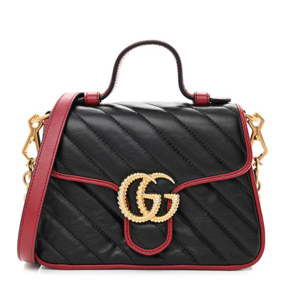 Gucci Vintage Effect Calfskin Matelasse Diagonal Mini Torchon GG Marmont Top Handle Shoulder Bag Black Romantic Cherry 1 of 10