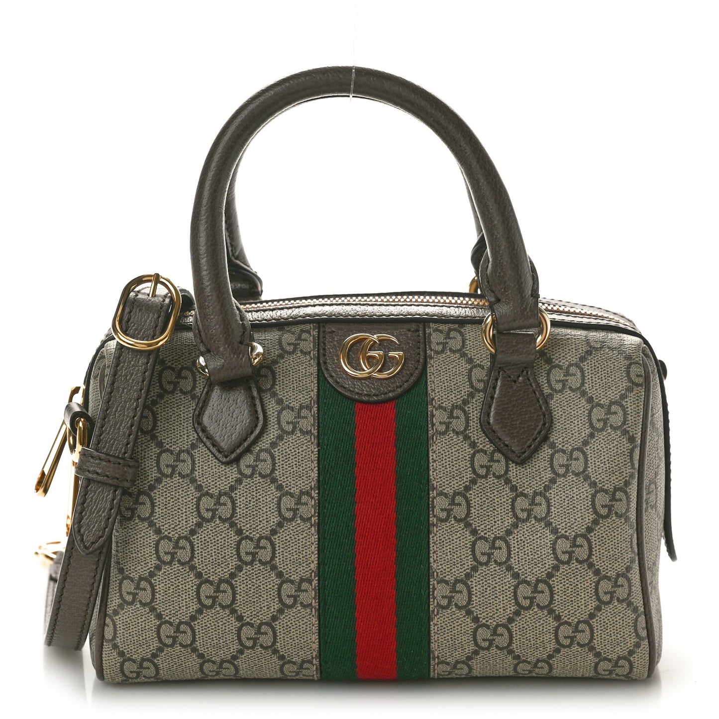 GG Supreme Monogram Textured Dollar Calfskin Web Mini Ophidia Top Handle Bag Beige Ebony New Acero