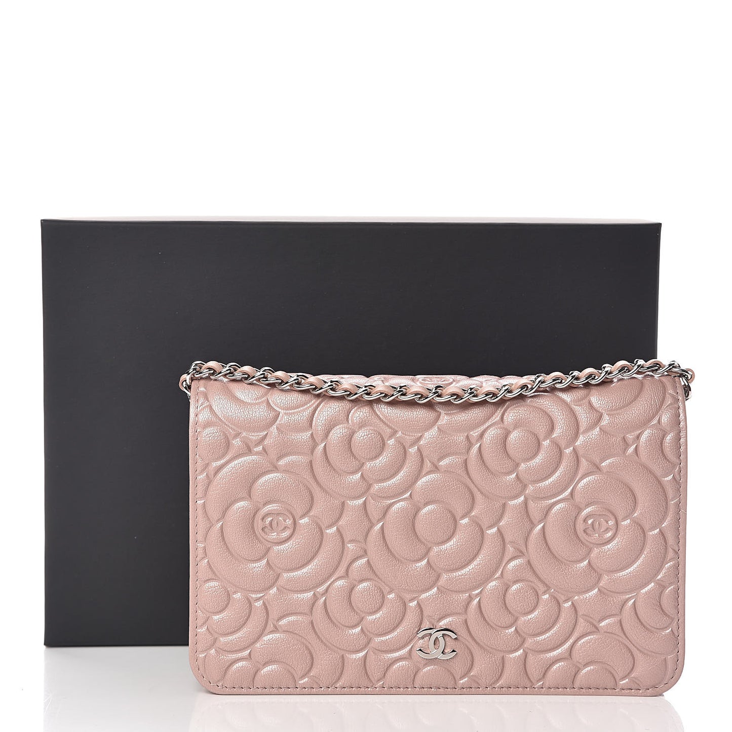 Goatskin Camellia Embossed Wallet On Chain WOC Light Pink