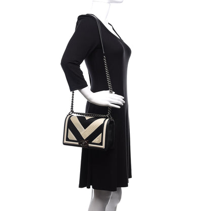 Chanel Calfskin Pleated Medium Boy In Rome Flap Black White 2 of 12