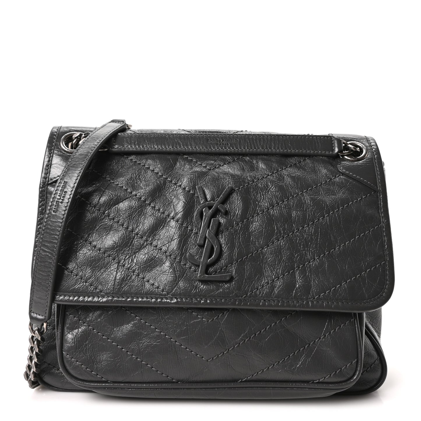 Crinkled Calfskin Matelasse Monogram Medium Niki Chain Satchel Storm