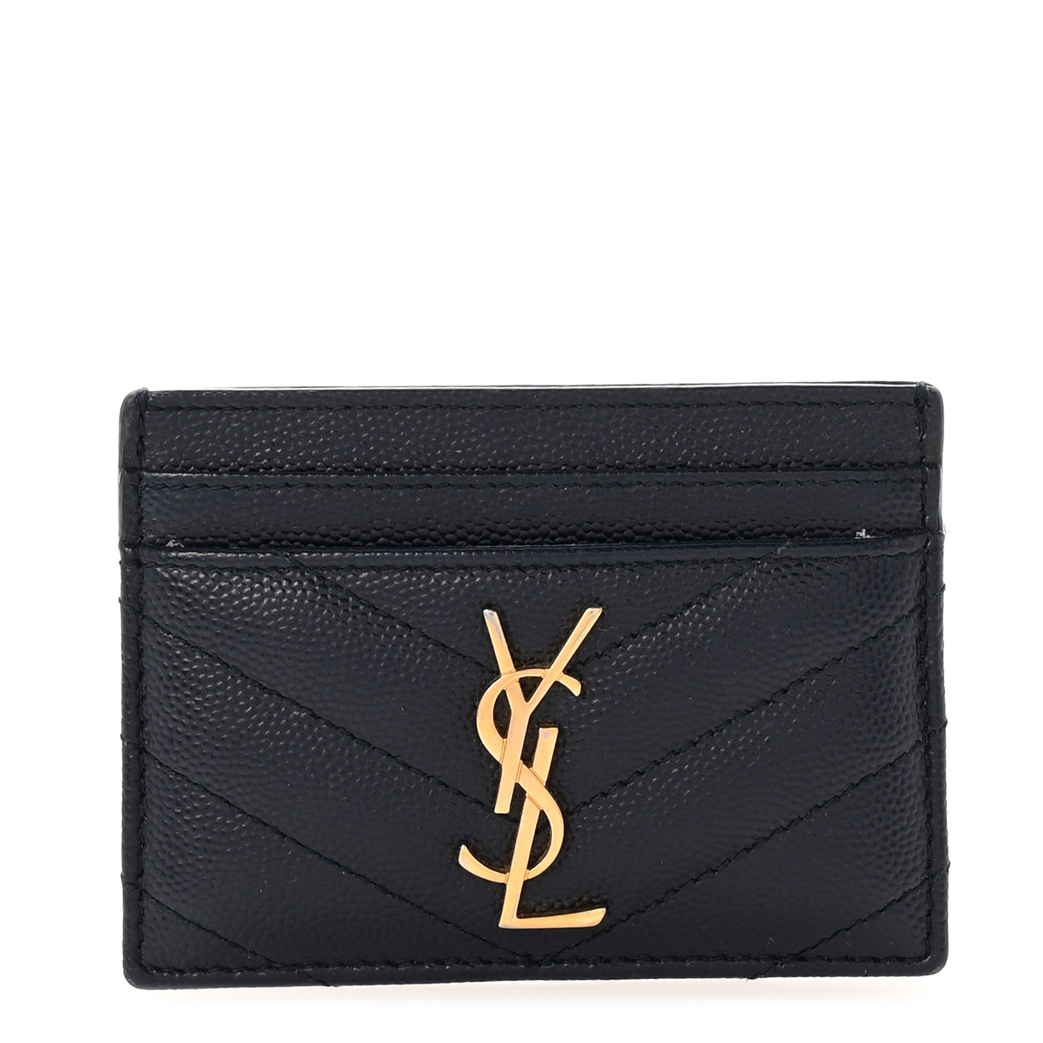Saint Laurent Grain De Poudre Matelasse Chevron Monogram Credit Card Case Navy 1 of 7
