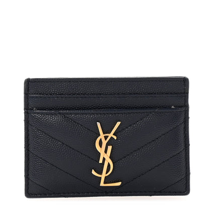 Saint Laurent Grain De Poudre Matelasse Chevron Monogram Credit Card Case Navy 1 of 7