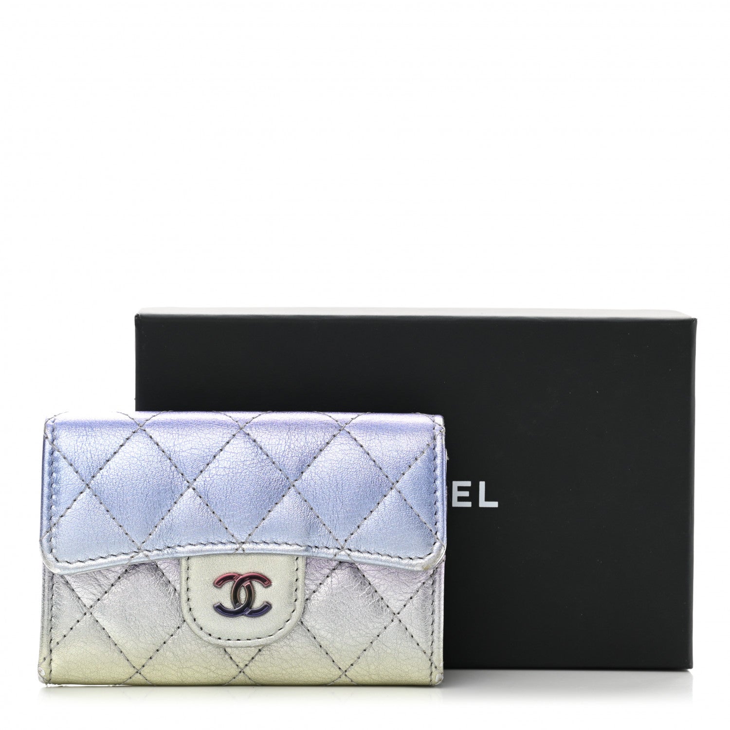 Chanel Gradient Metallic Calfskin Quilted Flap Card Holder Wallet Silver Blue Yellow Purple 11 of 11