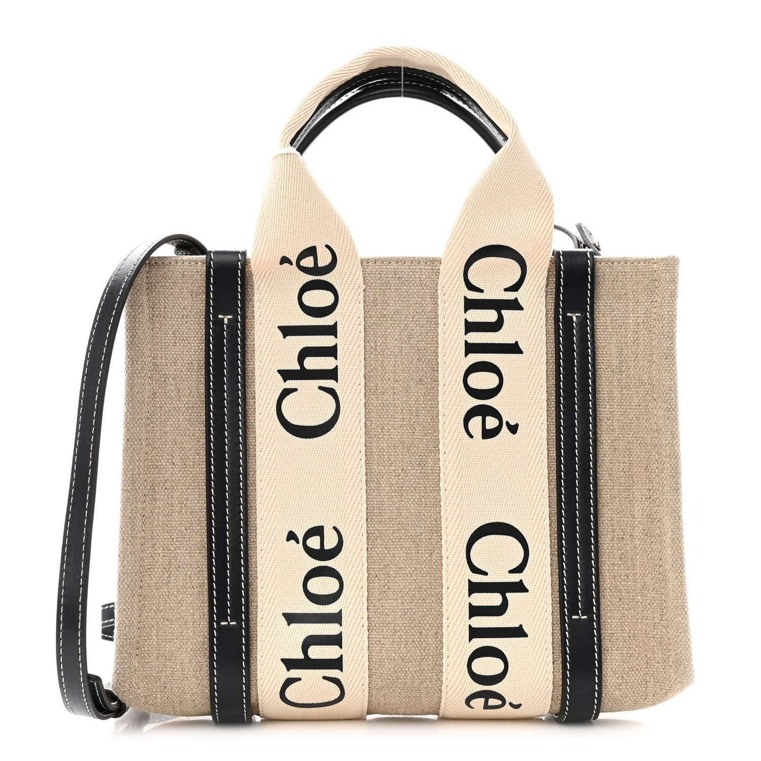 Chloe Linen Calfskin Small Woody Ribbon Tote With Strap White Navy 1 of 9