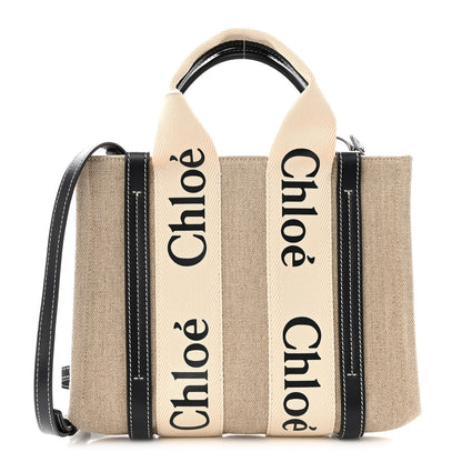 Chloe Linen Calfskin Small Woody Ribbon Tote With Strap White Navy 1 of 9