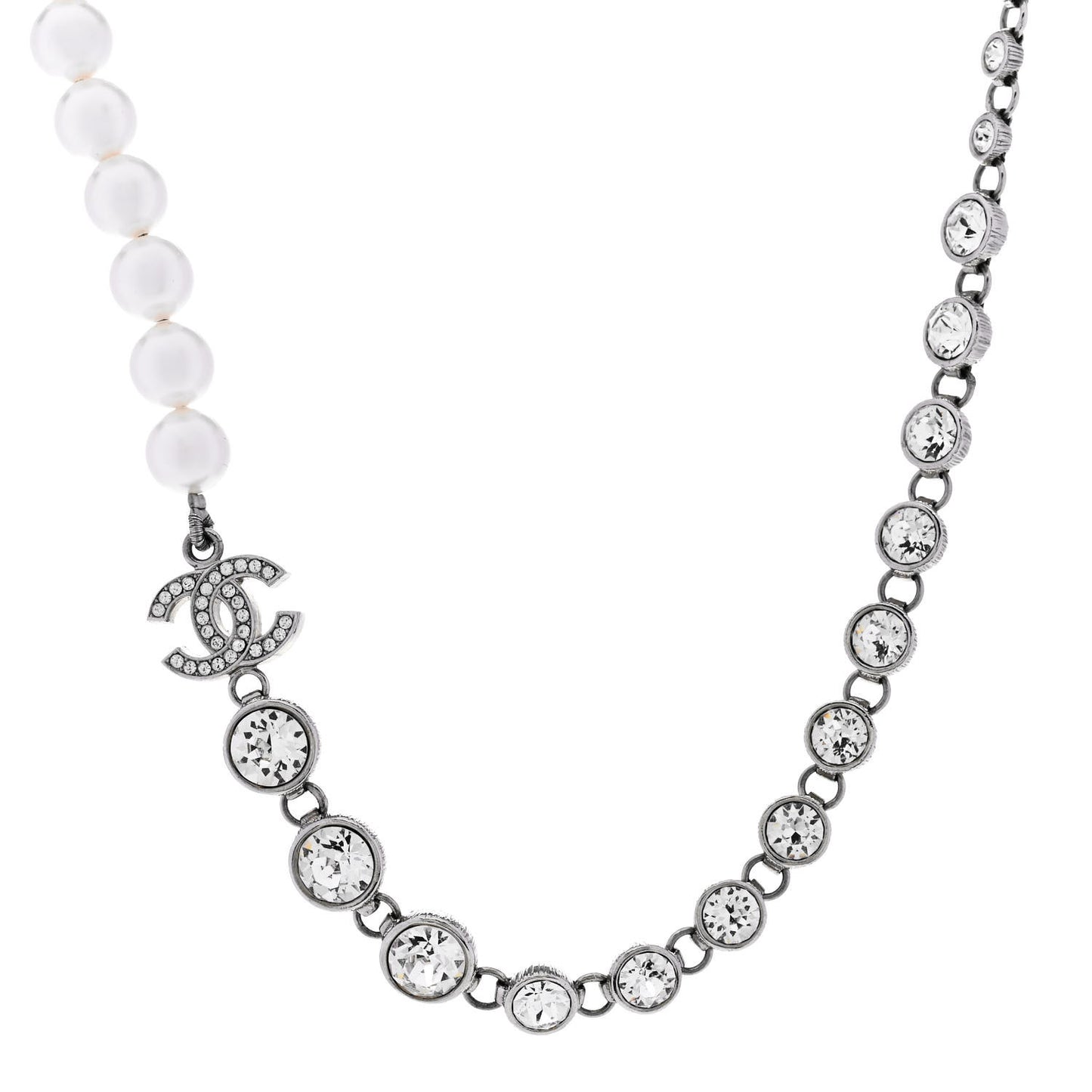 Pearl Crystal CC Choker Necklace Silver