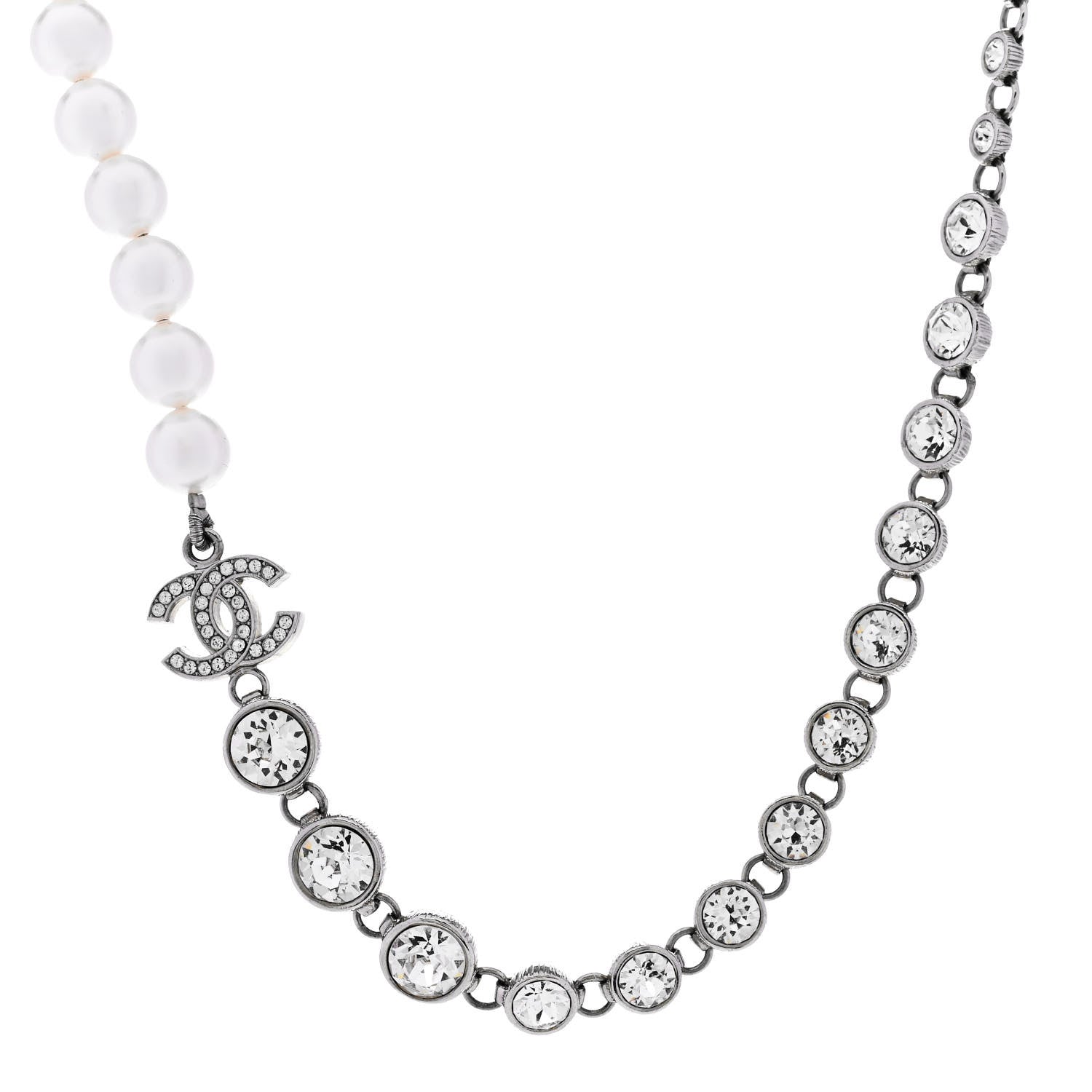 Chanel Pearl Crystal CC Choker Necklace Silver 1 of 6