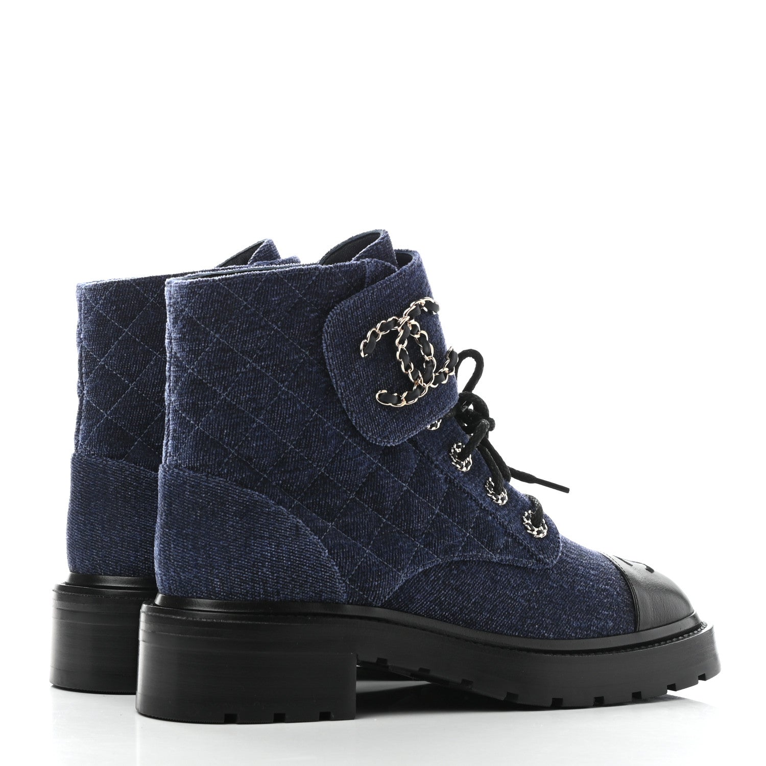 Chanel Denim Calfskin Quilted Lace Up Combat Boots 39 Blue 4 of 9