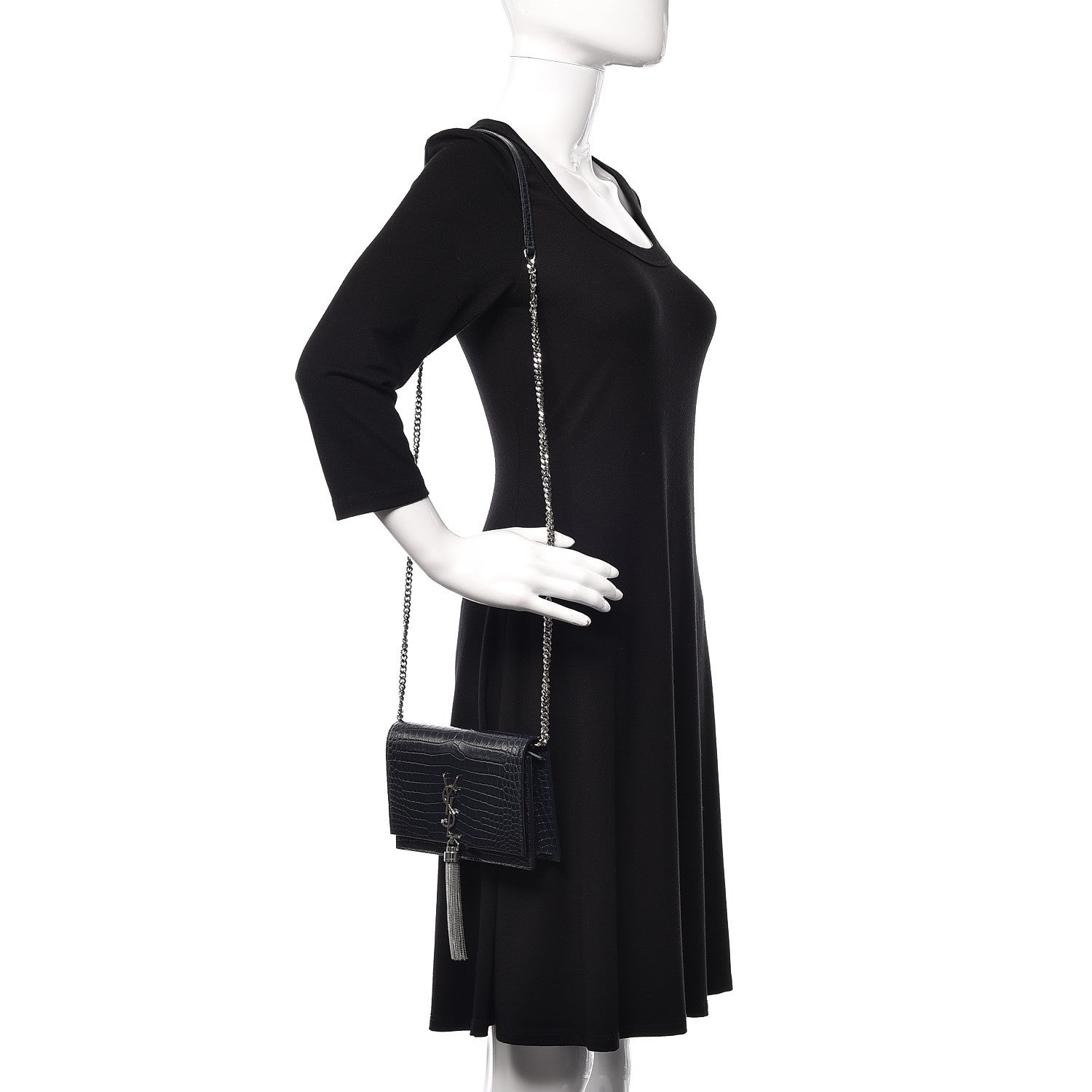 Saint Laurent Calfskin Crocodile Embossed Kate Monogram Tassel Chain Wallet Deep Marine 2 of 9