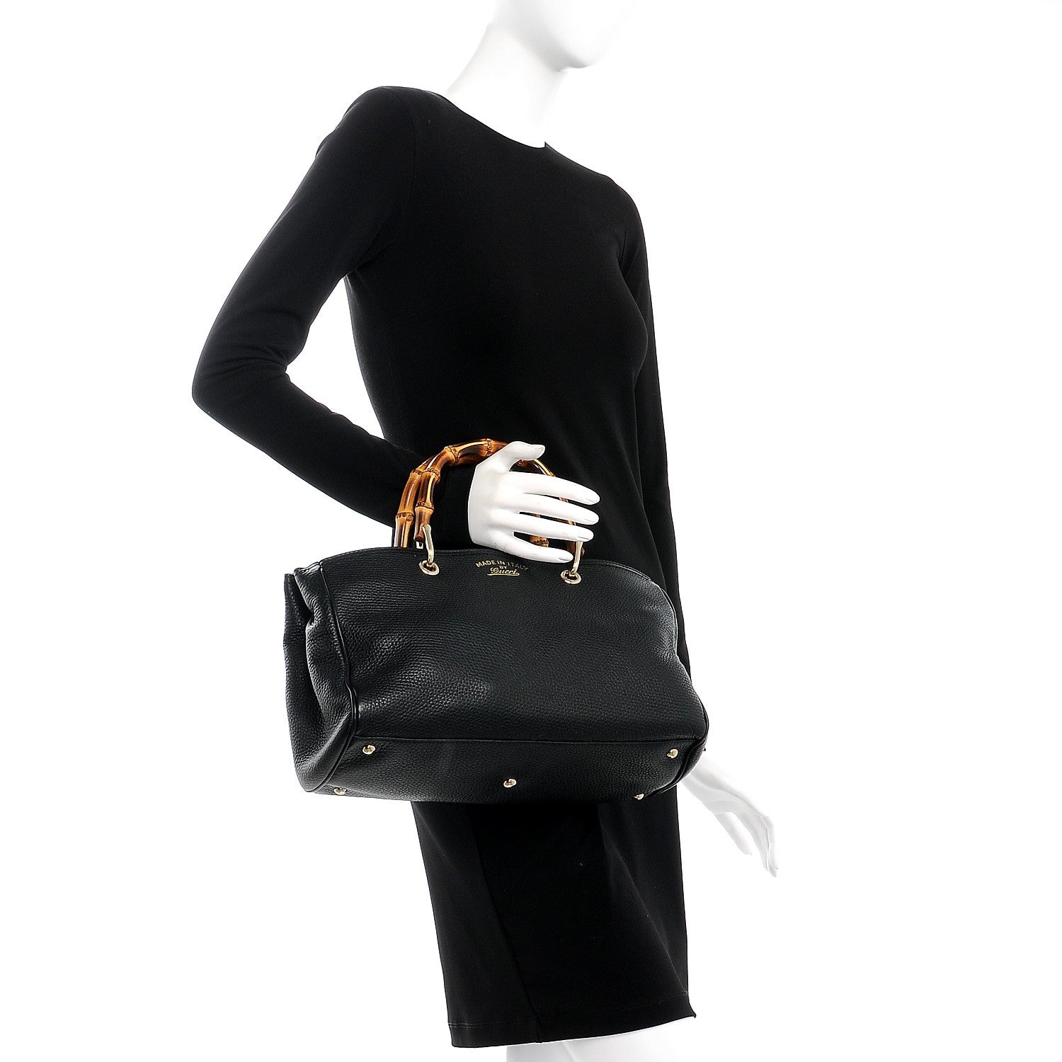 Gucci Pebbled Calfskin Medium Bamboo Shopper Tote Black 2 of 8