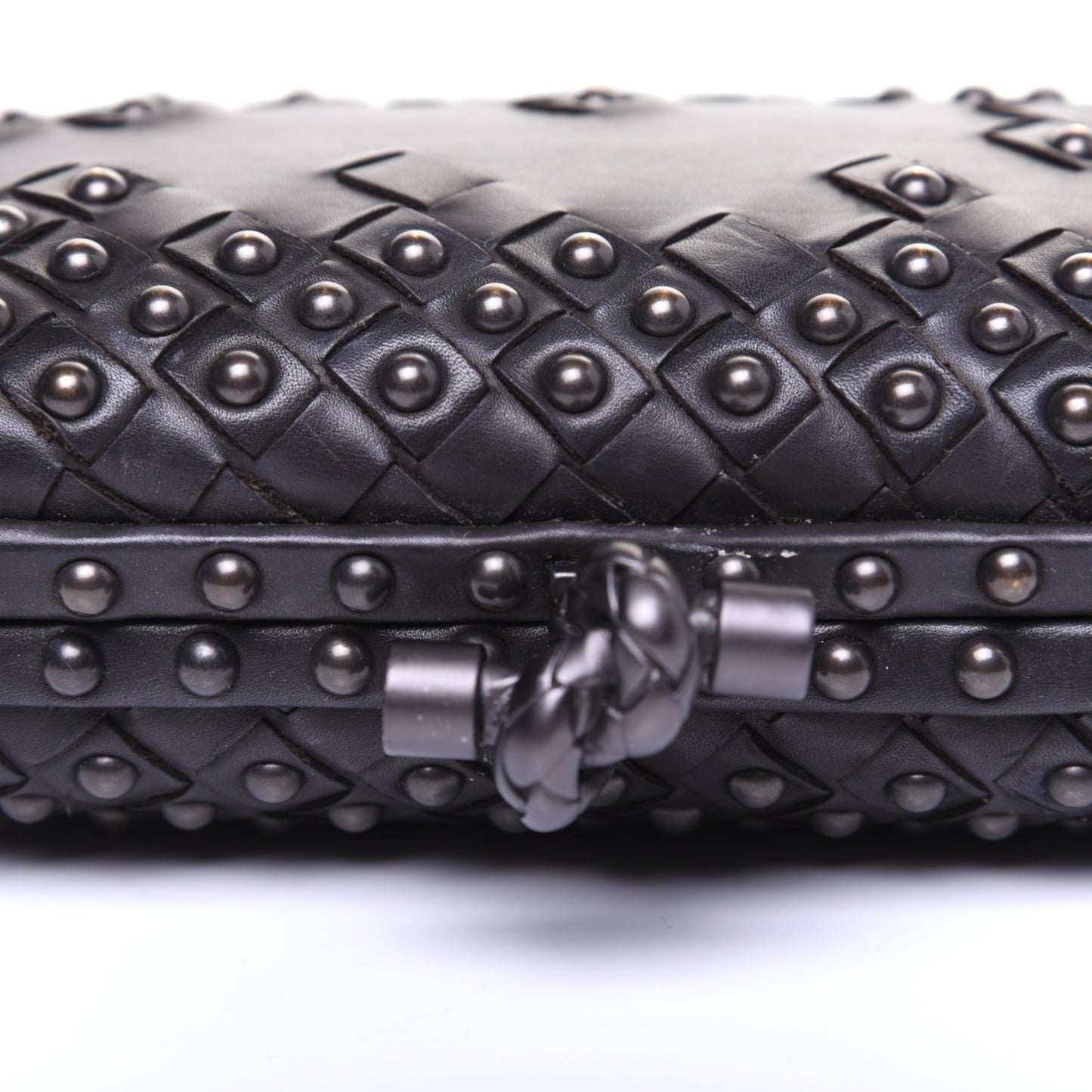 Waxy Nappa Intrecciato Knot Studded Clutch Black