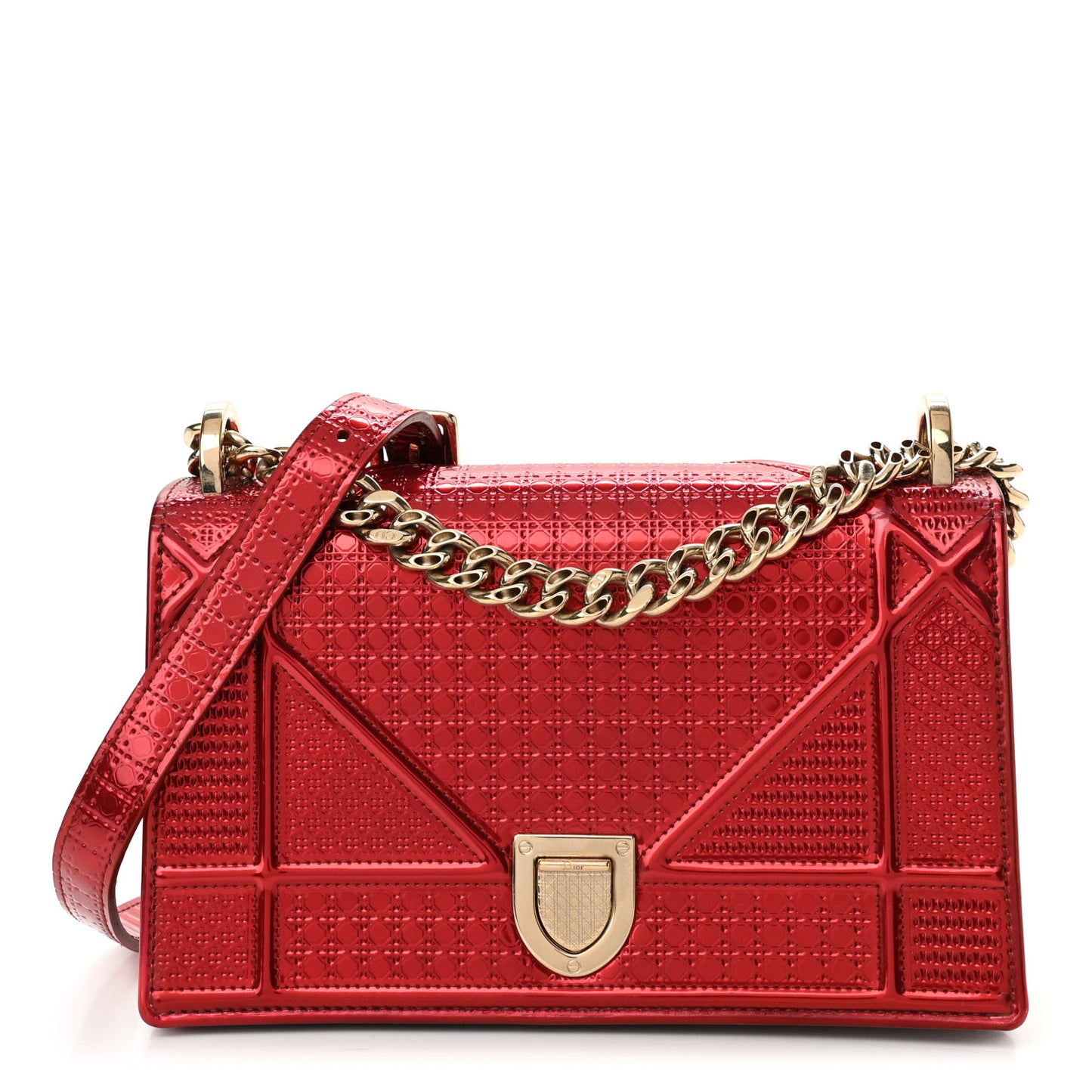 Metallic Patent Micro-Cannage Small Diorama Flap Bag Red