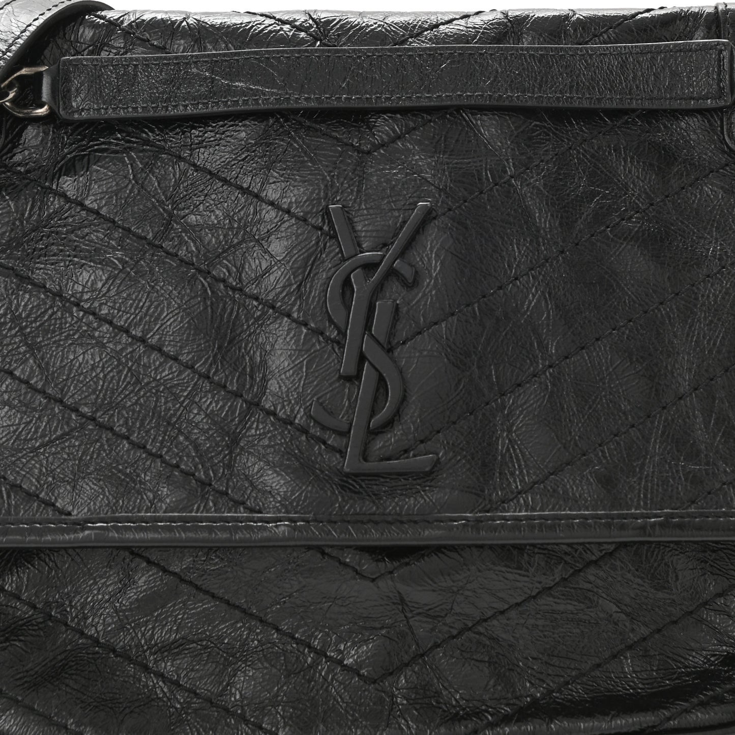 Crinkled Calfskin Matelasse Monogram Medium Niki Chain Satchel Black