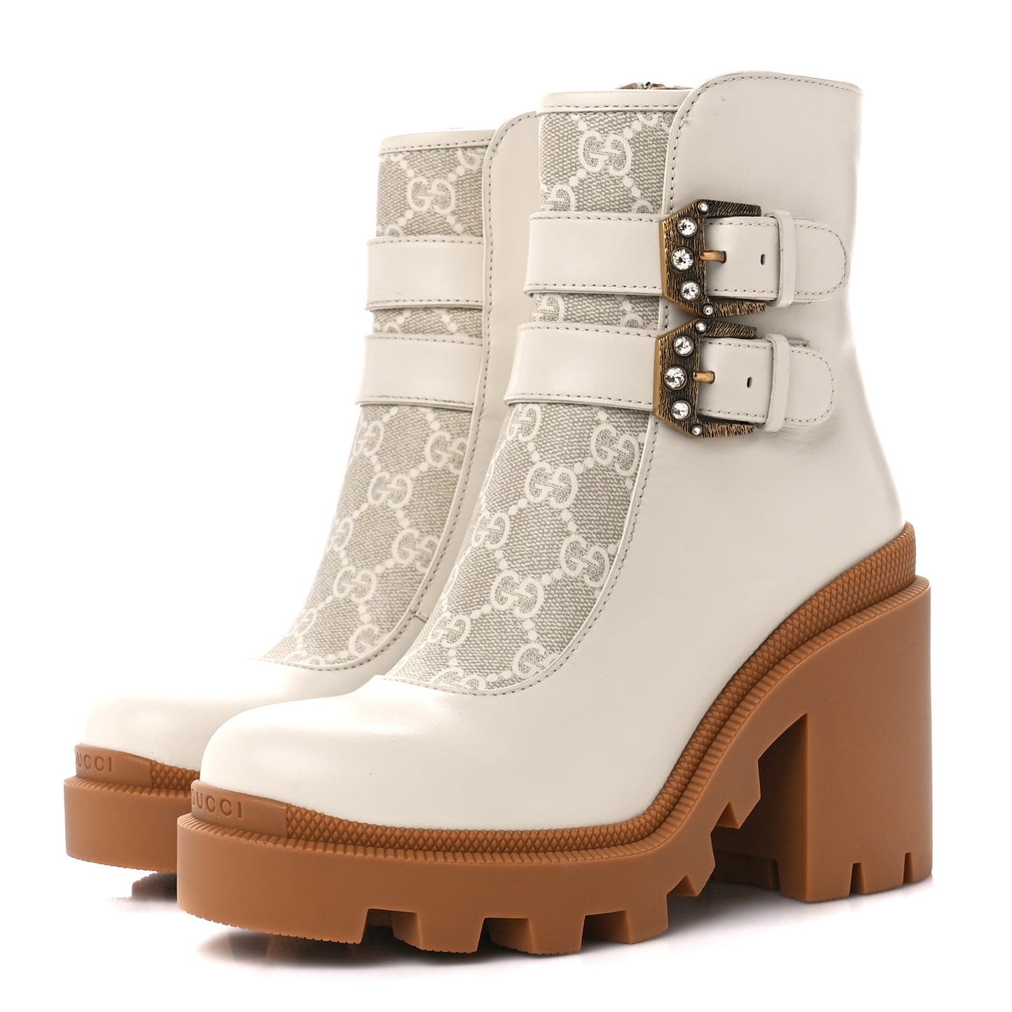 Kensington Calfskin Nappa GG Supreme Monogram Womens Double Buckle Ankle Boots 35.5 Mystic White Beige