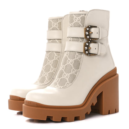 Gucci Kensington Calfskin Nappa GG Supreme Monogram Womens Double Buckle Ankle Boots 35.5 Mystic White Beige 3 of 11