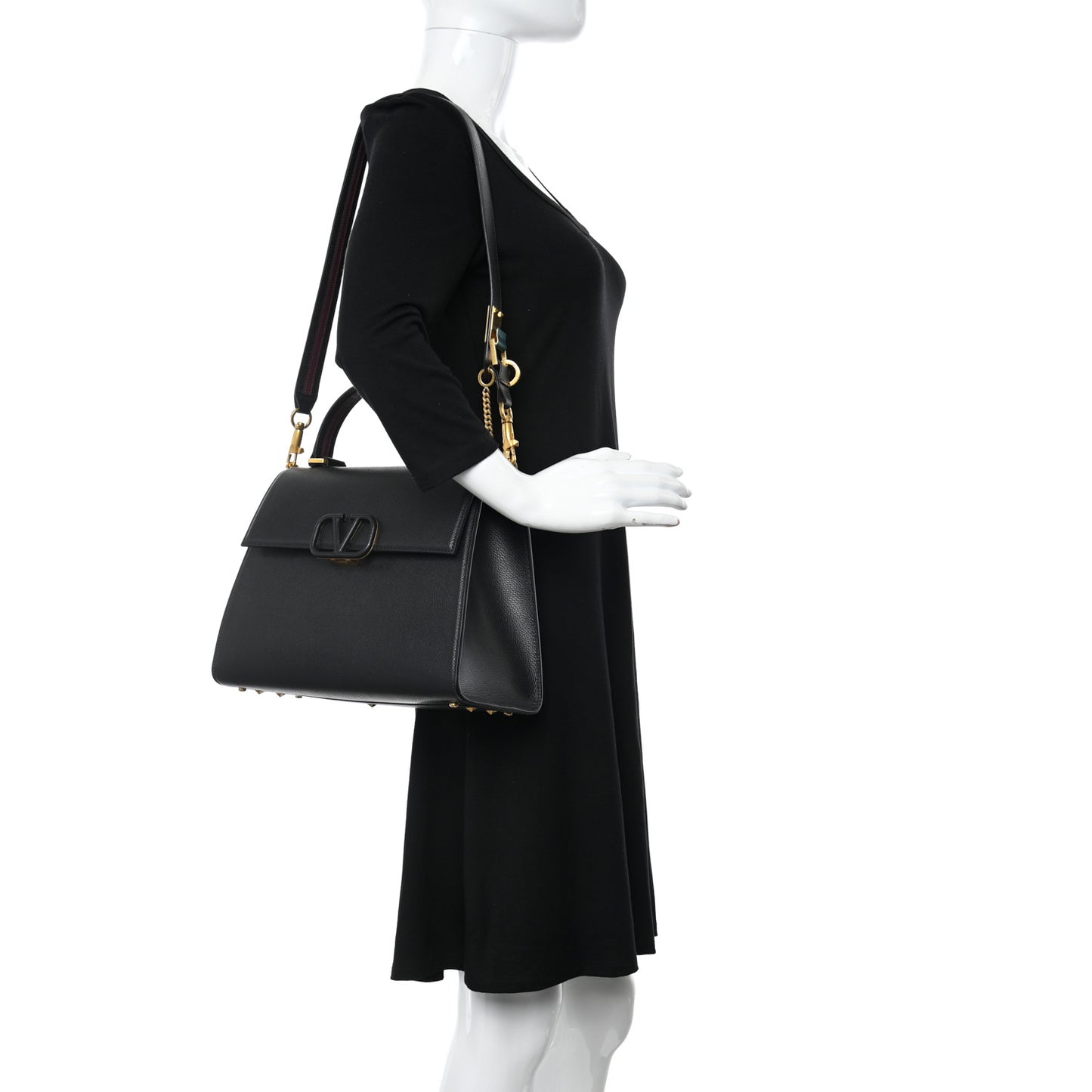 Grainy Calfskin Medium VSling Top Handle Bag Black