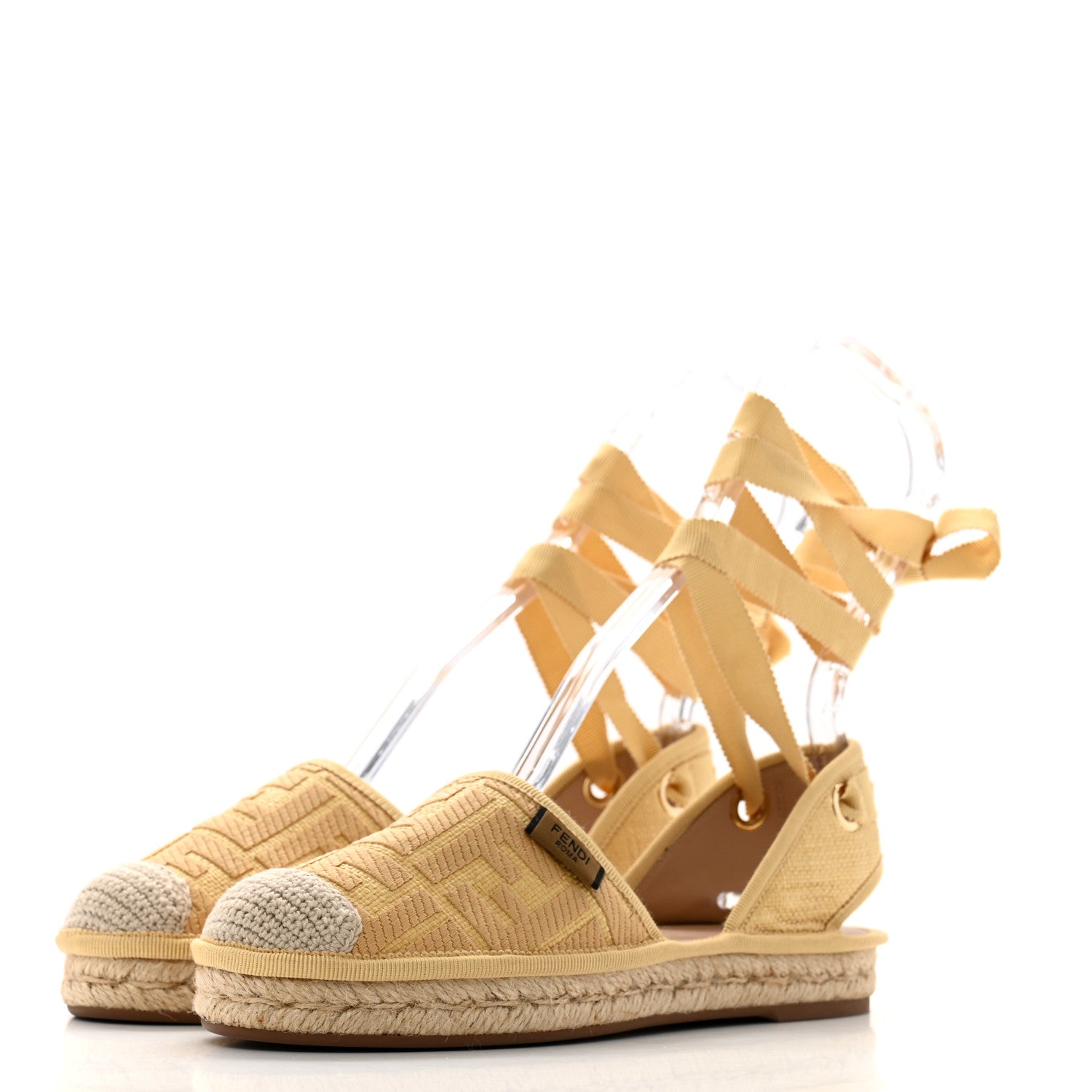 Fendi Raffia FF Embroidered Roma Ankle Wrap Espadrille Wedges 35 Natural 4 of 10