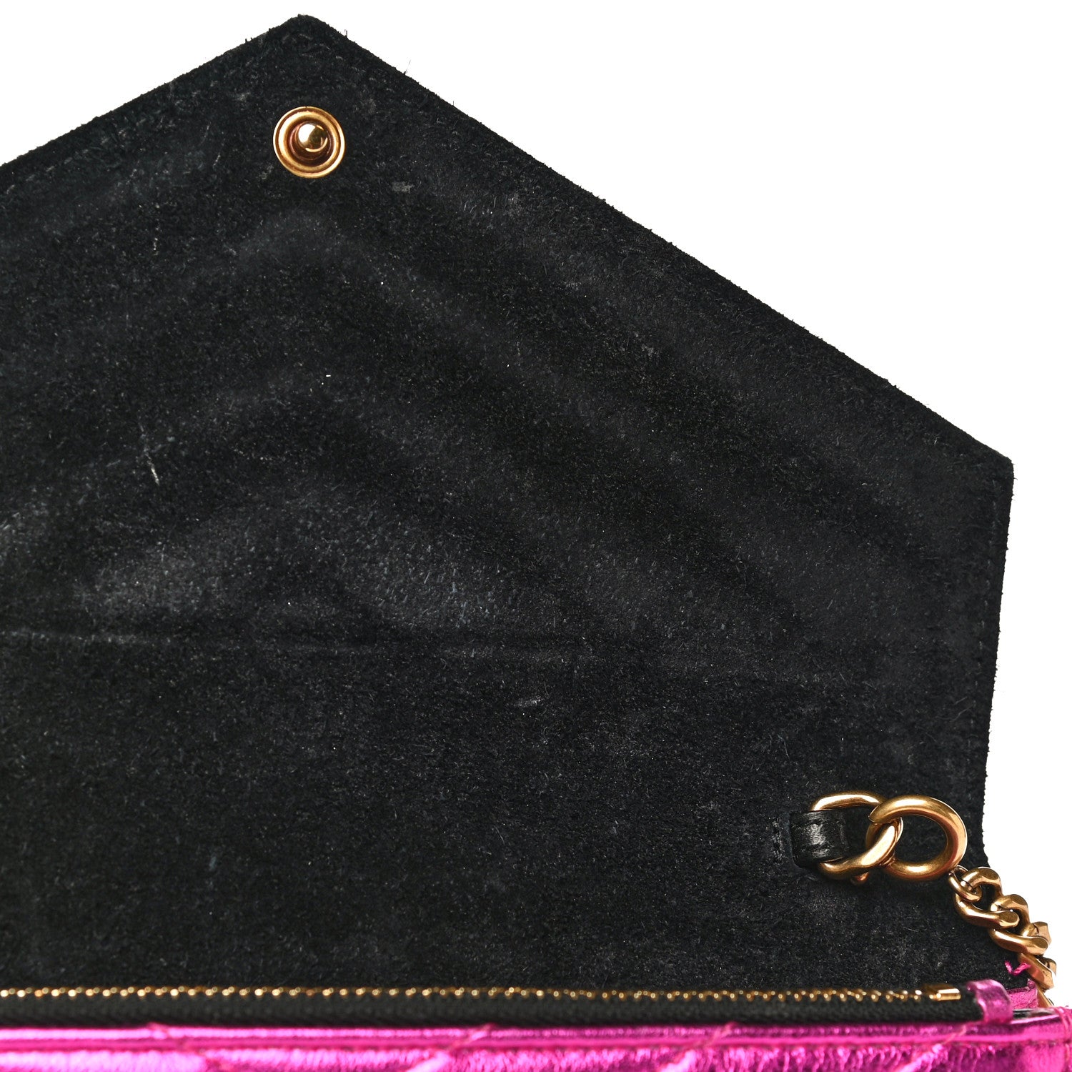 Saint Laurent Metallic Calfskin Matelasse Chevron Monogram Envelope Chain Wallet Fuchsia 12 of 15