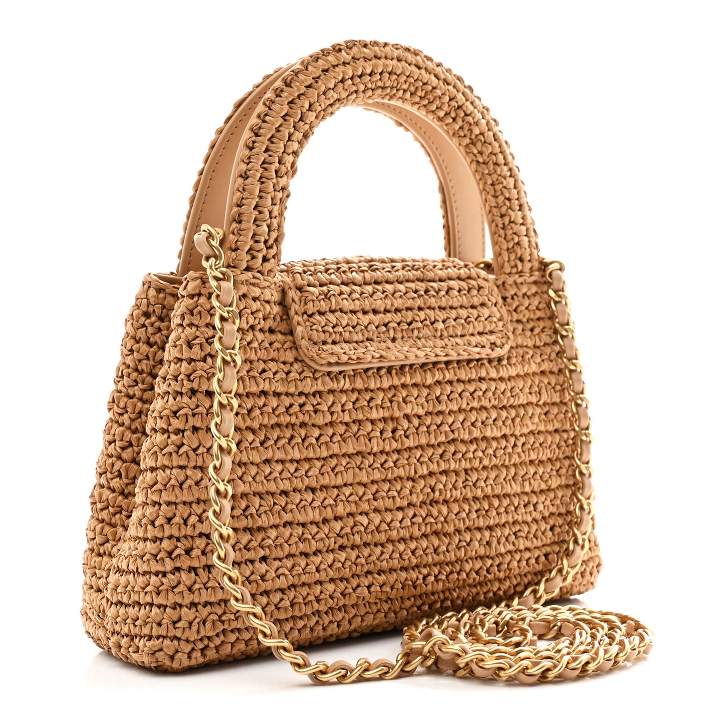 Braided Raffia Nano Kelly Flap Bag Dark Beige