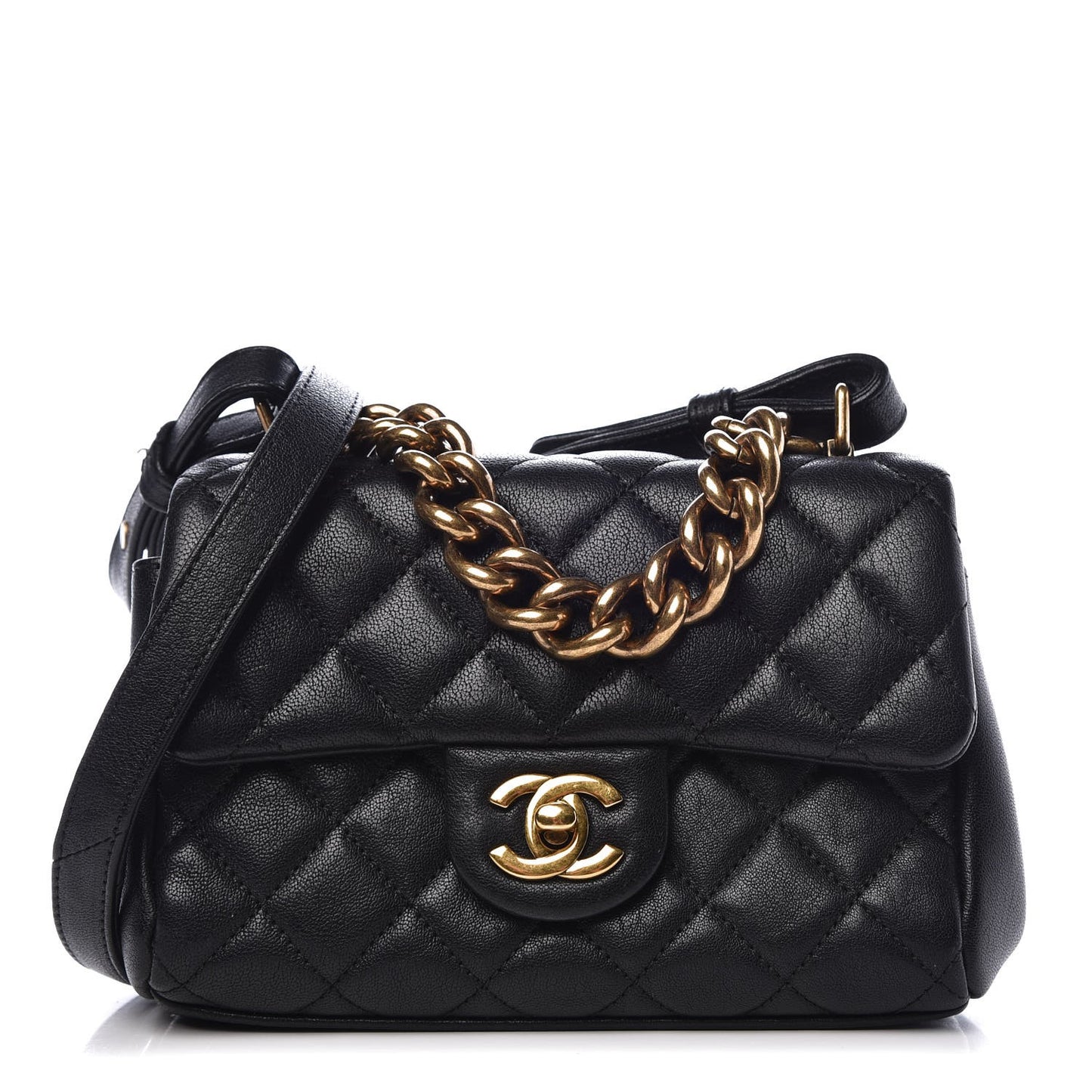 Shiny Sheepskin Quilted Mini Trapezio Flap Black