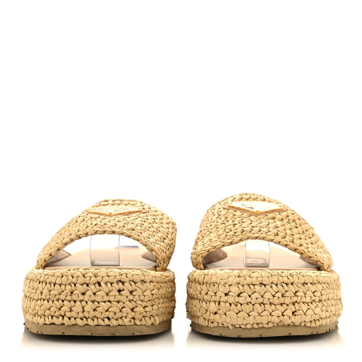Raffia Metal Triangle Logo Woven Flatform 35mm Slide Sandals 37 Naturale