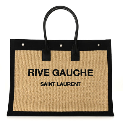 Saint Laurent Raffia Linen Calfskin Rive Gauche Tote Naturale Black 1 of 11