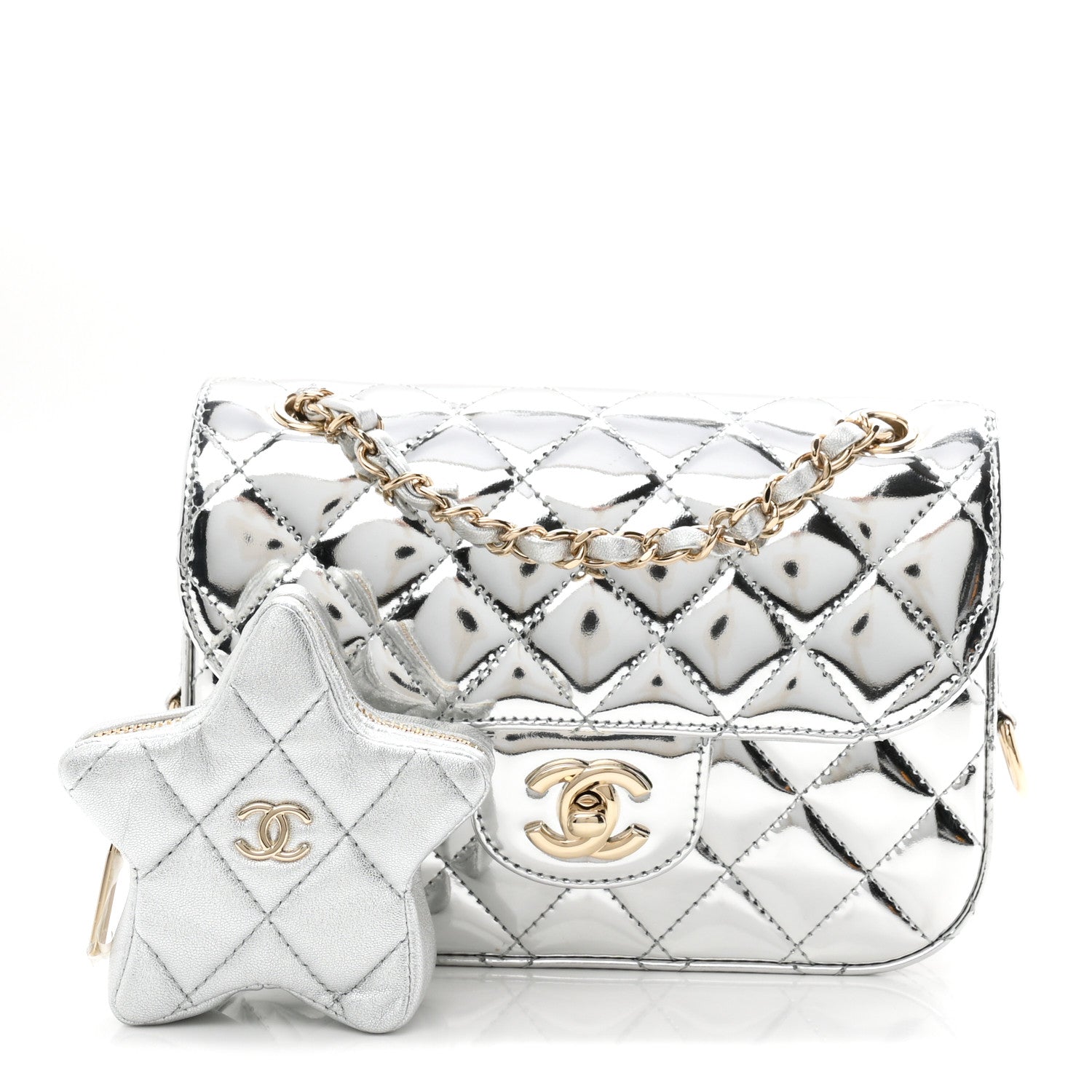 Chanel Mirror Calfskin Metallic Calfskin Quilted Hollywood Boulevard Mini Flap With Star Coin Purse Silver 3 of 11