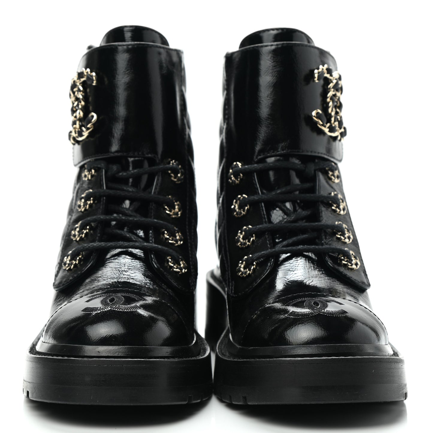 Shiny Calfskin Quilted Lace Up Combat Boots 35 Black