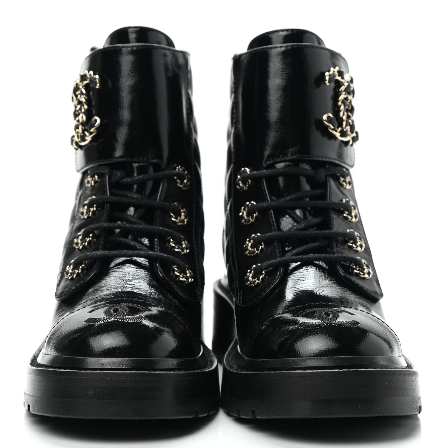 Chanel Shiny Calfskin Quilted Lace Up Combat Boots 35 Black 2 of 9