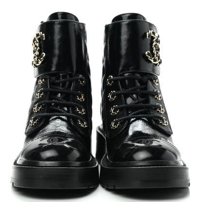 Chanel Shiny Calfskin Quilted Lace Up Combat Boots 35 Black 2 of 9