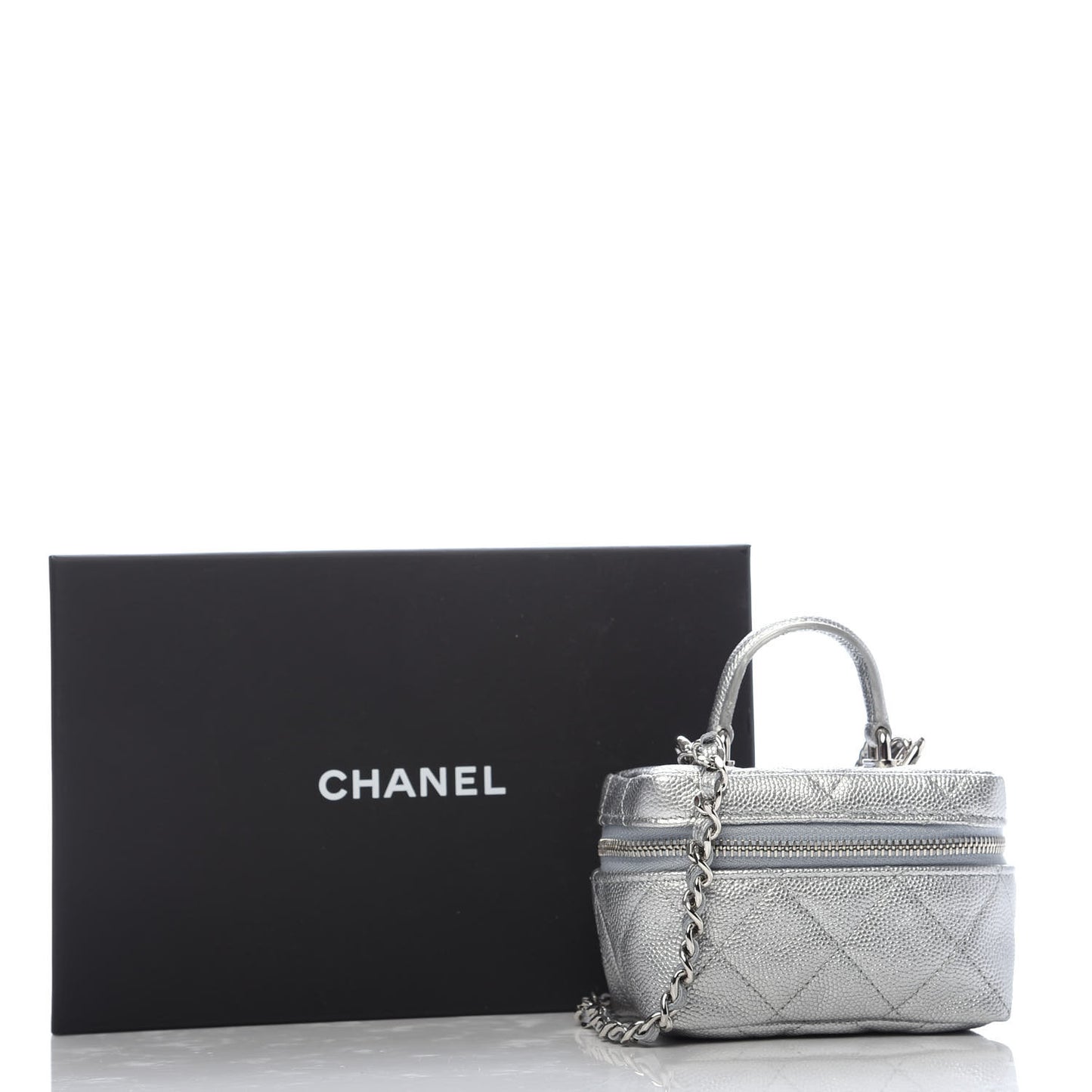 Metallic Caviar Quilted Mini Top Handle Vanity With Chain Silver