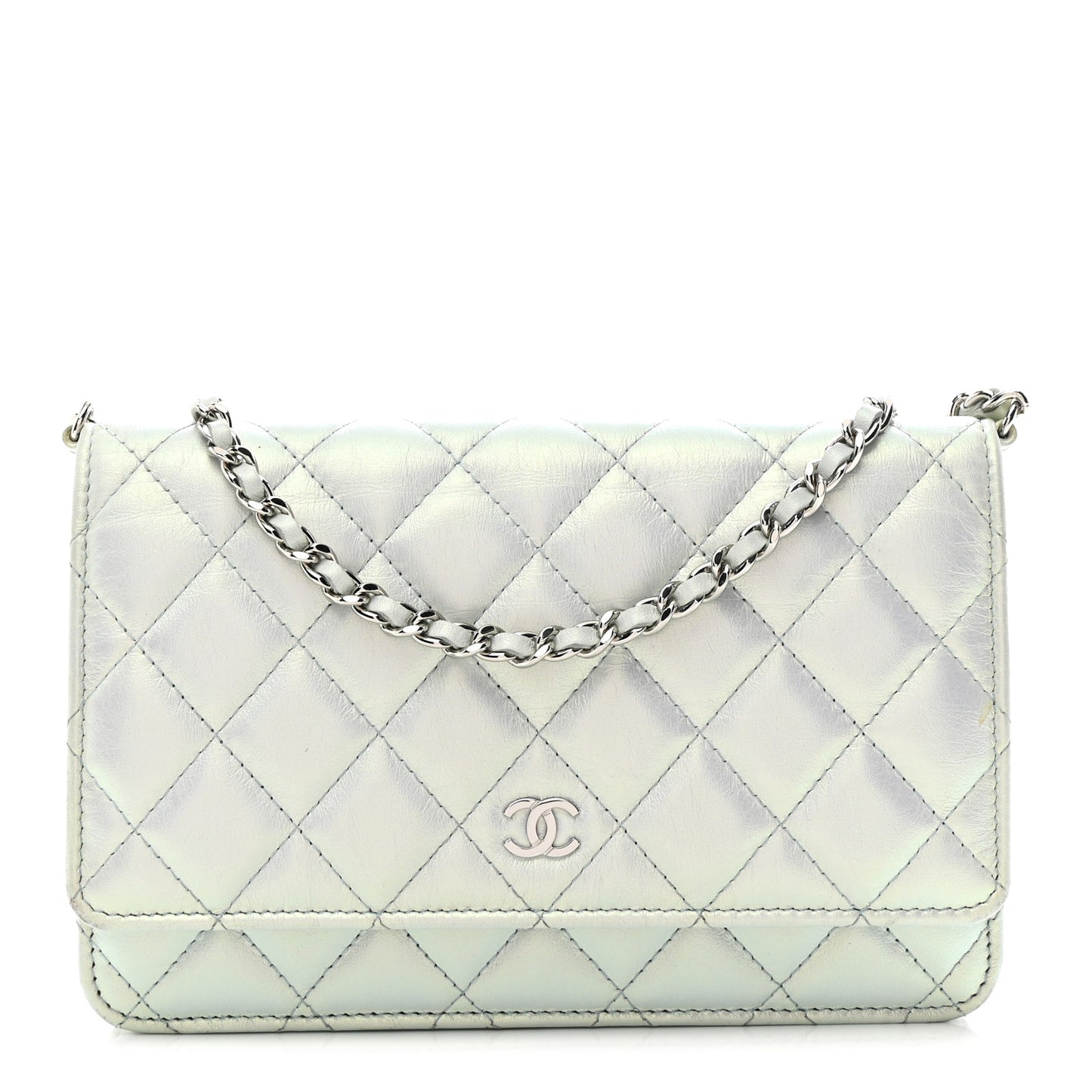 Iridescent Calfskin Quilted Wallet On Chain WOC Light Blue