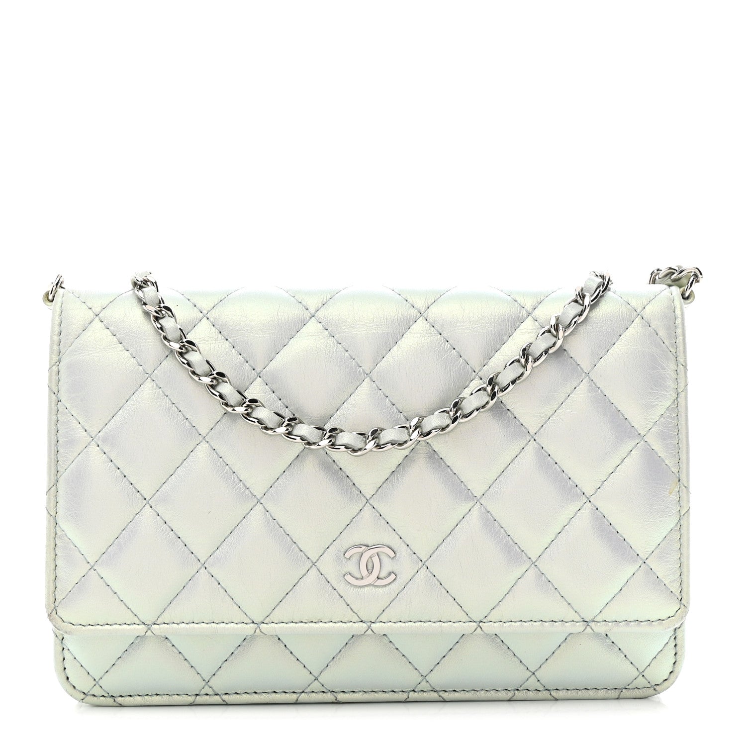 Chanel Iridescent Calfskin Quilted Wallet On Chain WOC Light Blue 1 of 12